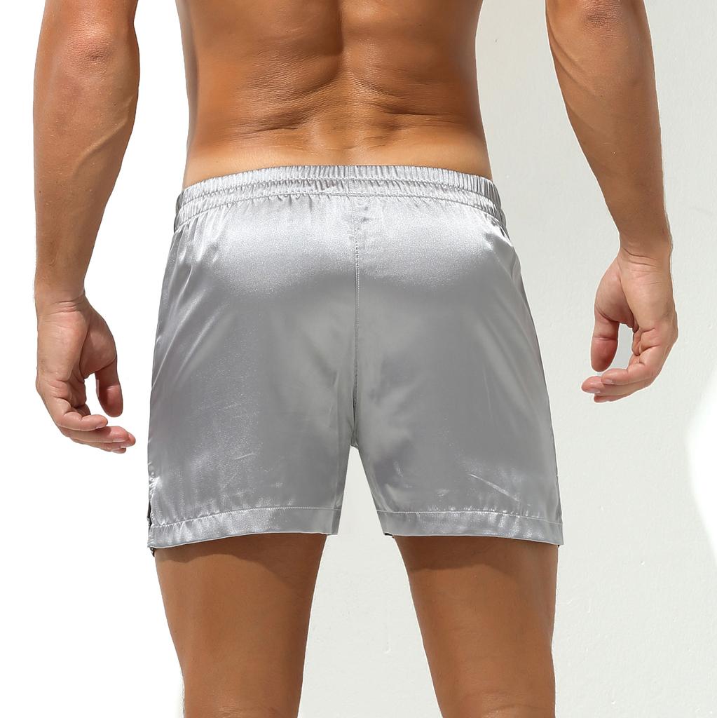 Мужские атласные шорты с эластичным поясом и боковыми разрезами, шелковистые трусы-боксеры, одежда для сна