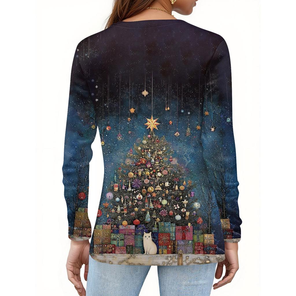 Women's Fashion Casual V-Neck Long Sleeve Decorative Button Christmas Print Top