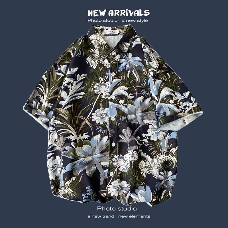 Retro Floral Shirt Blouse for Man Hawaiian Short-sleeved Floral Shirt Men's Loose Trend Couple All-match Five-point Sleeves