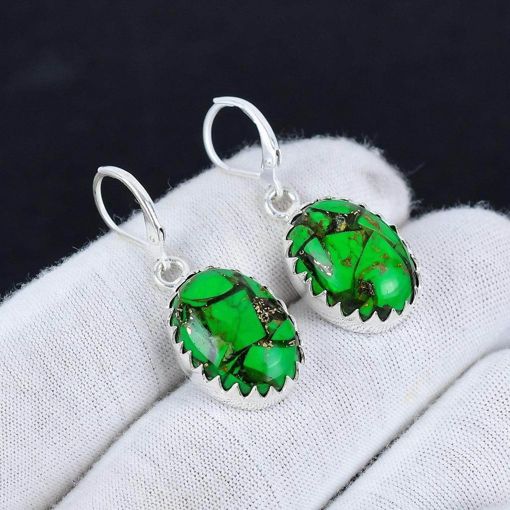 Green Coppper Turquoise Gemstone 925 Sterling Silver Earring, Boho Silver Jewelry Dangle Earrings, Gifts For Mom Gifts For Her