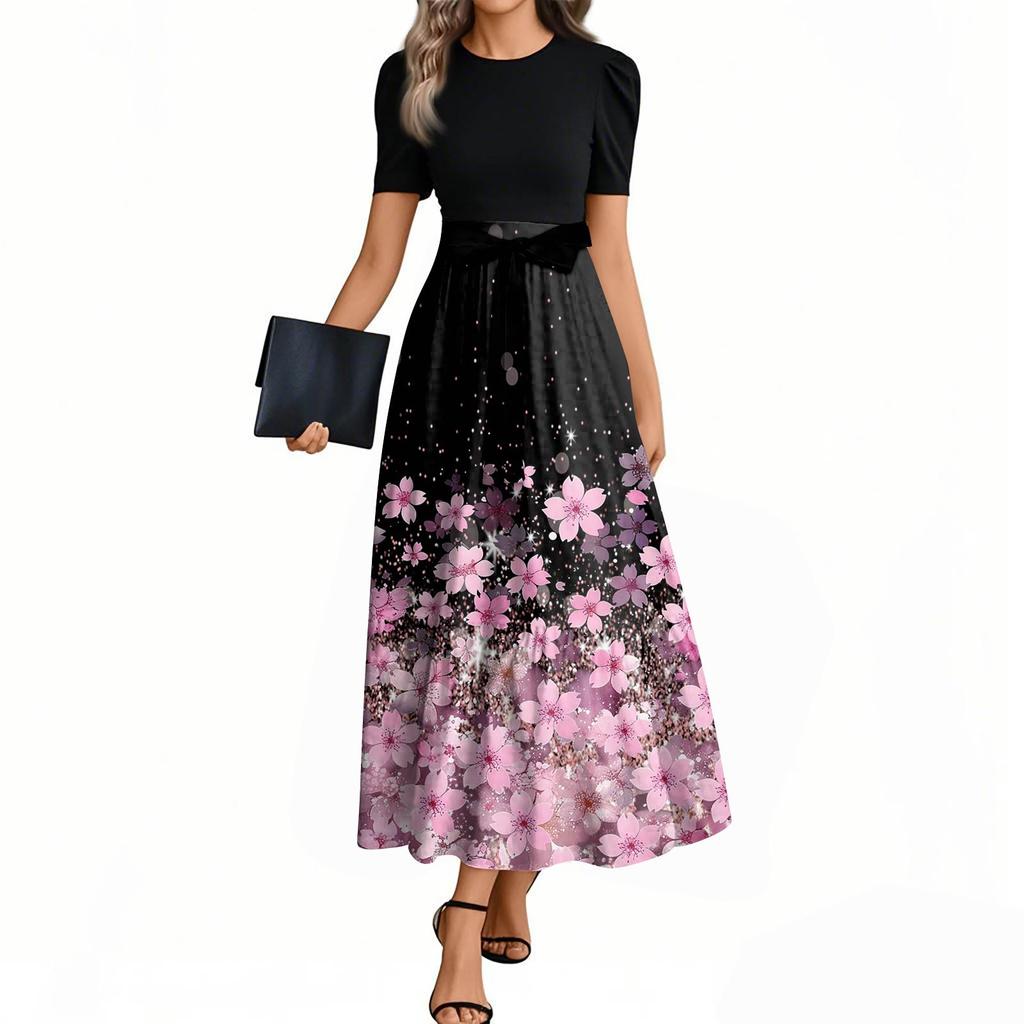 Женские модные повседневные платья с поясом, короткими рукавами и круглым вырезом, с принтом, элегантные, темпераментные