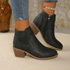 Women's Vintage Slip-On Chunky Low Block Heel Ankle Boots - Almond Toe Round-toe Winter Boots with PVC Upper & Lining, Beige/Caramel Brown/ Blue/Dark