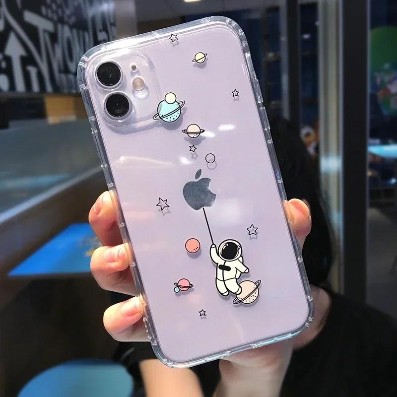 Забавный Мультяшный Чехол Астронавт для Телефона iPhone 16 15 14 13 12 11 Pro Max Mini X XS XR 7 8 Plus Ударопрочный Прозрачный Мягкий Чехол