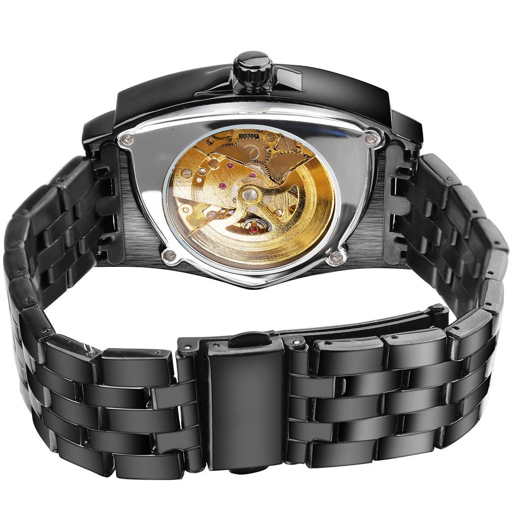 Автоматические механические часы с треугольным корпусом и скелетонированным дизайном, ремень из нержавеющей стали, модные мужские светящиеся наручные часы