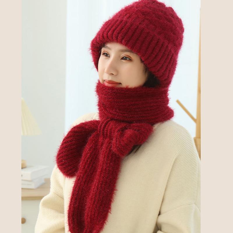 Women Windproof Hat Scarf Set Solid Color Beanie Caps Woolen Hat Fleece Lined Knitted Winter Plush