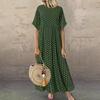 Women Dot Print Maxi Dress Summer Short Sleeve Crew Neck Long Dress Casual Pleated Swing Beach Sundress