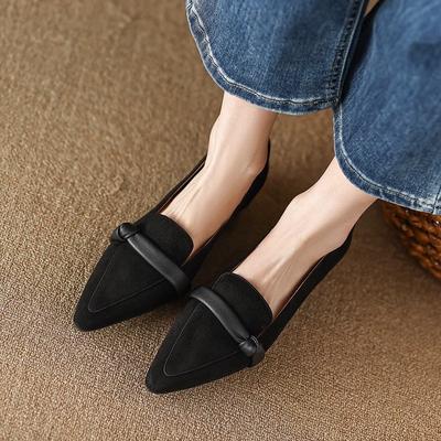 Женская обувь из мягкой кожи 2025 новая остроносая матовая на толстом каблуке с неглубоким вырезом тонкая на низком каблуке маленькие кожаные туфли