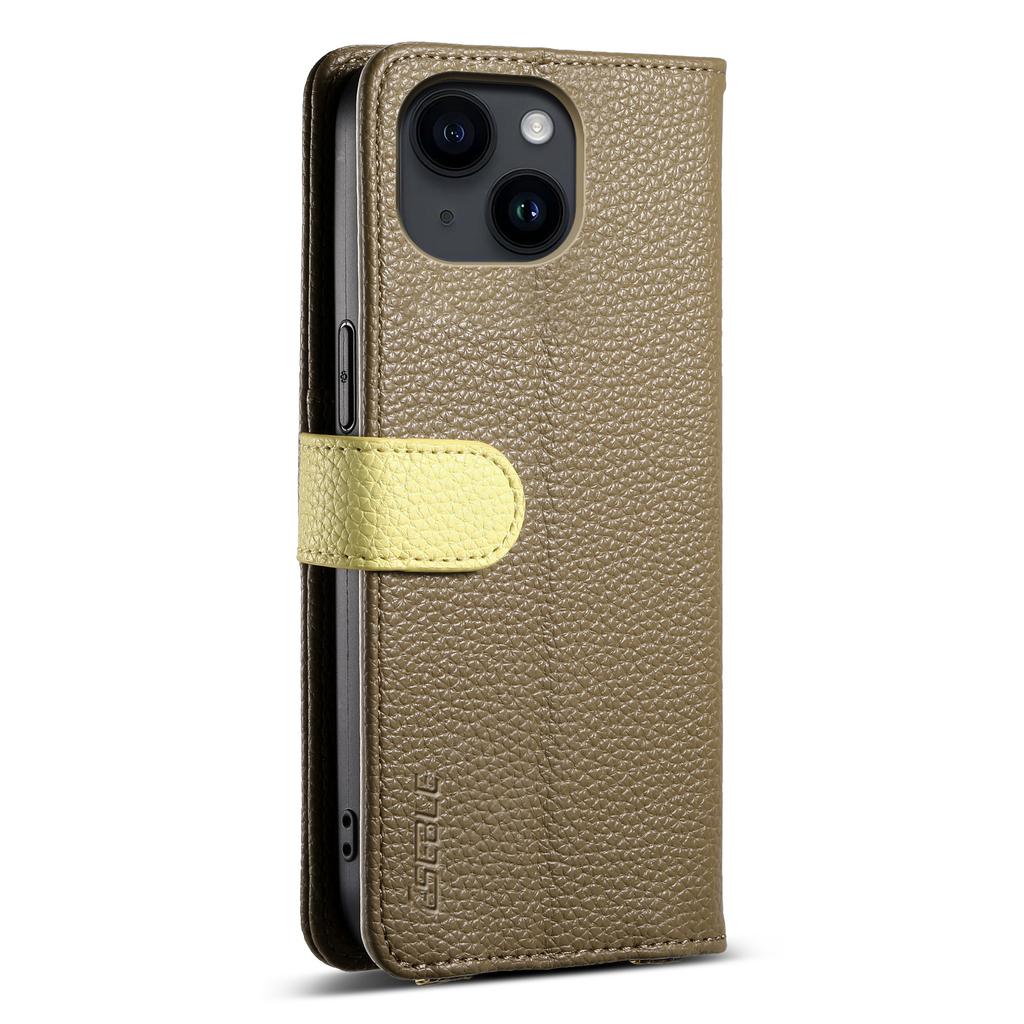 ESEBLE E11 For iPhone 15 Plus/14 Plus Case Zipper Pocket Litchi Texture Leather Phone Cover with Mirror and Wrist Strap