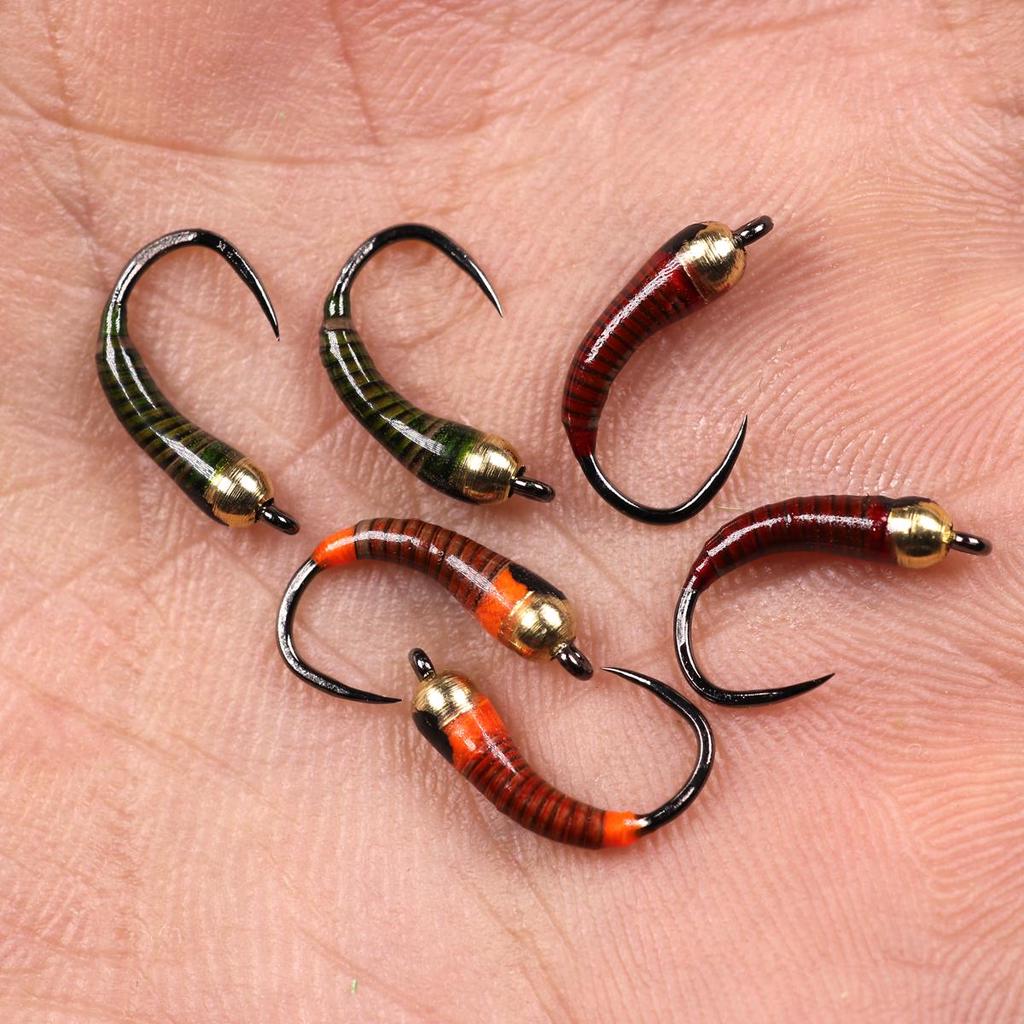 Bimoo, 6 шт., размер 12, 14, 16, крючок без бородки, латунная бусина, голова павлина, перо нимфы, пердигона, рыболовные мухи, приманка для рыбалки на форель, приманка