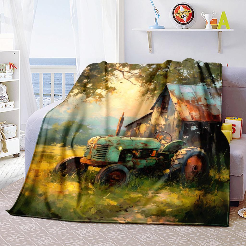 1PC Tractor Farmhouse Scene Blanket Soft Comfortable All Seasons Suitable Sofa Office Travel Festive Gift