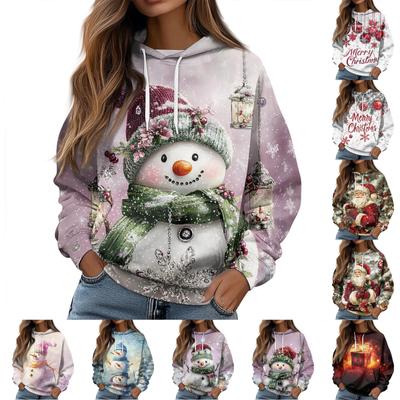 Женская повседневная свободная толстовка с капюшоном и длинным рукавом с рождественским принтом на завязках