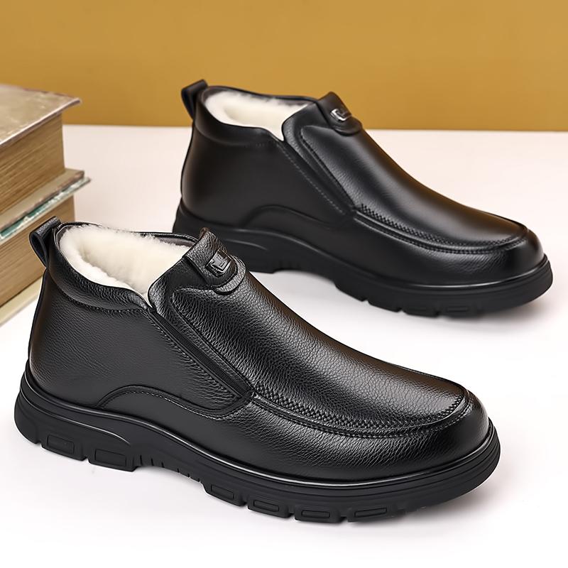 Fashion Classic Brand Simple Black Men's Business Casual Shoes Leather High Top Shoes Winter New Men's Velvet Cotton Shoes Thick Sole