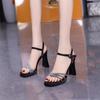 High Heel Sandals Summer New Round Toe Open Toe Rhinestone Slender Strap One Buckle Platform Block Heel Shoes