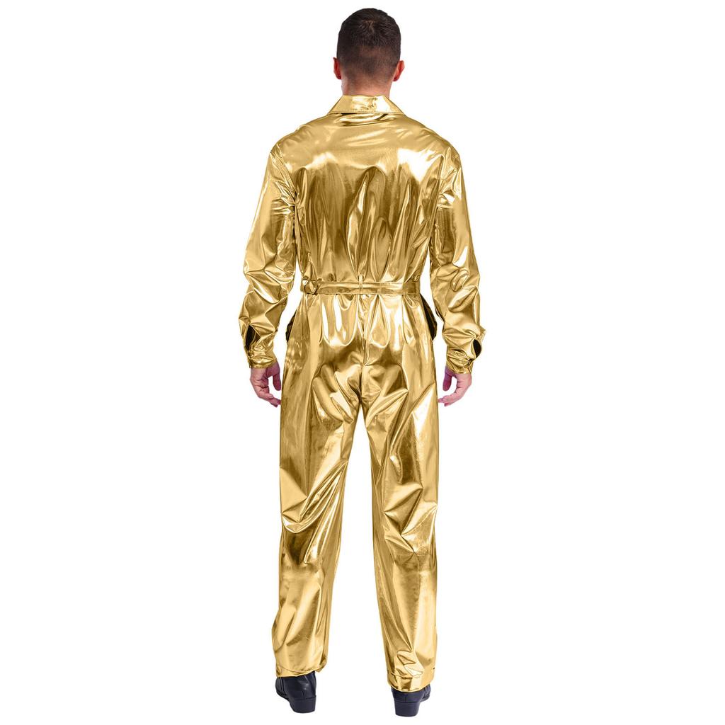 Mens Shiny Metallic Turn Down Collar Long Sleeve High Waist Jumpsuit Halloween Costume