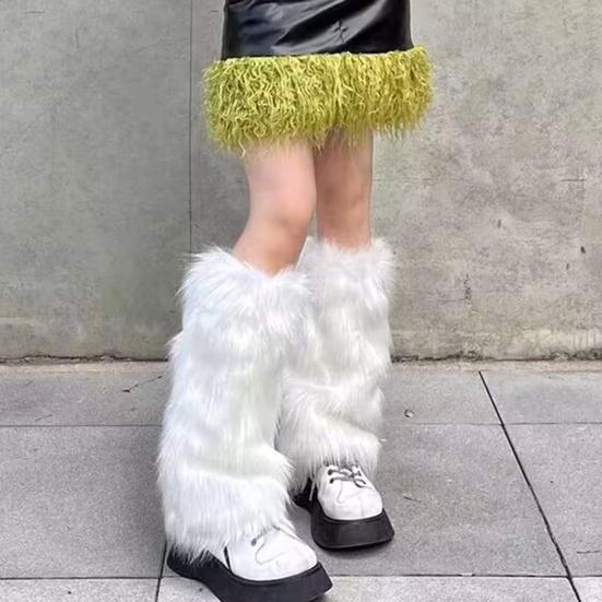 1 Pair Winter Calf Covers Faux Fur Fuzzy Anti-slip Solid Color Elastic Thickened Daily Wear Sports Outing Leg Warmers