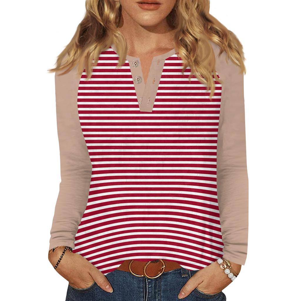 Женская футболка с принтом, на пуговицах, с длинным рукавом, повседневная, для выходных, модная, базовая, с V-образным вырезом, обычный топ