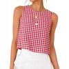 Summer New Women's Buttoned Crew Neck Sleeveless Plaid Cropped Tank Top for Leisure