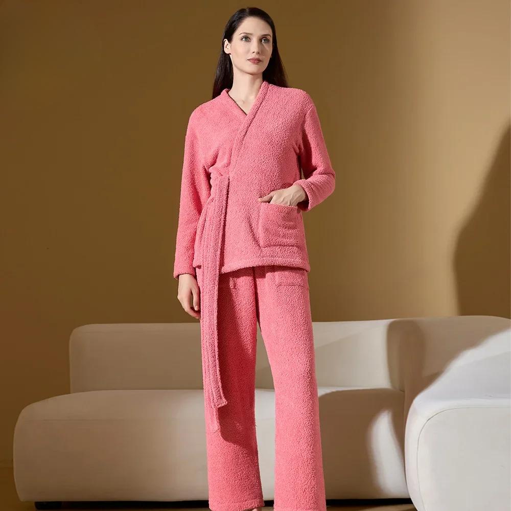 Новая полубархатная пижама женская зимняя утолщенная флисовая подкладка коралловый бархат домашняя одежда плюшевый костюм