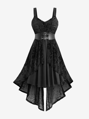 Rosegal Plus Size Блестящее цветочное флокирование со сборками PU-панелями с поясом, разрезом, многослойное, асимметричное, с высоким и низким вырезом, А-силуэт, платье-майка