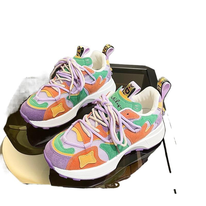 Women Fashion Rainbow Color Chunky Sneakers Women Autumn Platform Lace Up Sports Shoes Woman Mesh Breathable Non-slip Sneakers