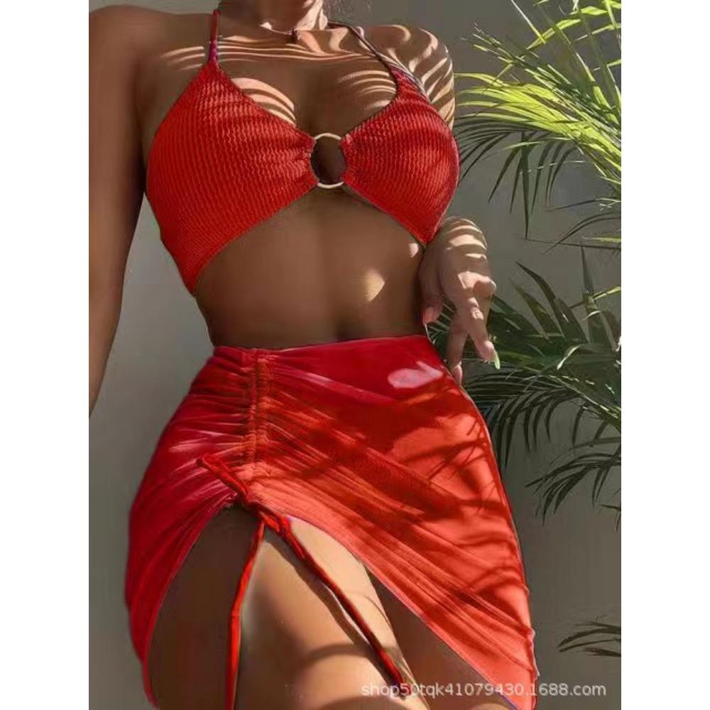 European and American Split Swimsuit Women's Slim-Fit Solid Color Sexy Swimsuit Halter Three-Piece Bikini