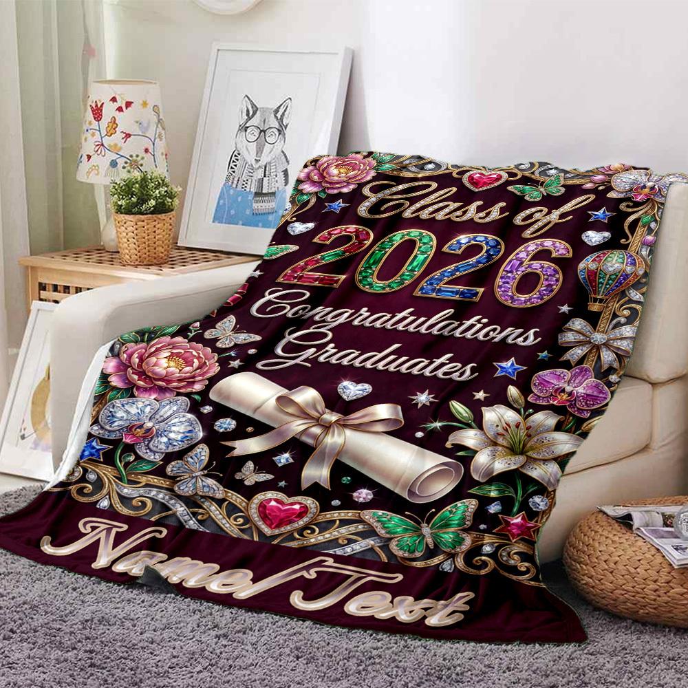 Graduation Celebration 2026 Floral Design Themed Blanket Personalized Name Soft Warm And Versatile For Sofa Bed Office And Travel Machine Washable