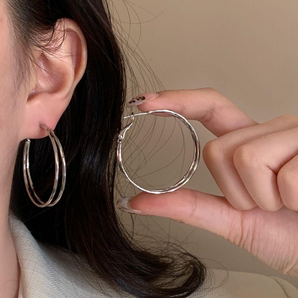 Hook Piercing Round Ring Earrings Double Layer Ear Jewelry Accessories Ladies