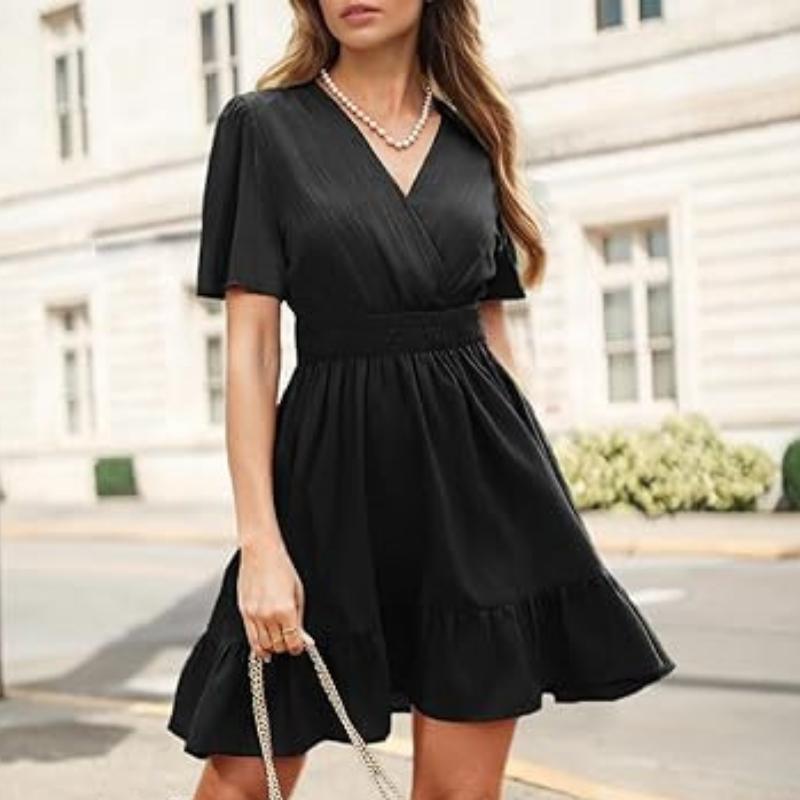 GMXIA Women's Summer Solid Color Deep V-Neck Elegant Ruffled Waist Dresses