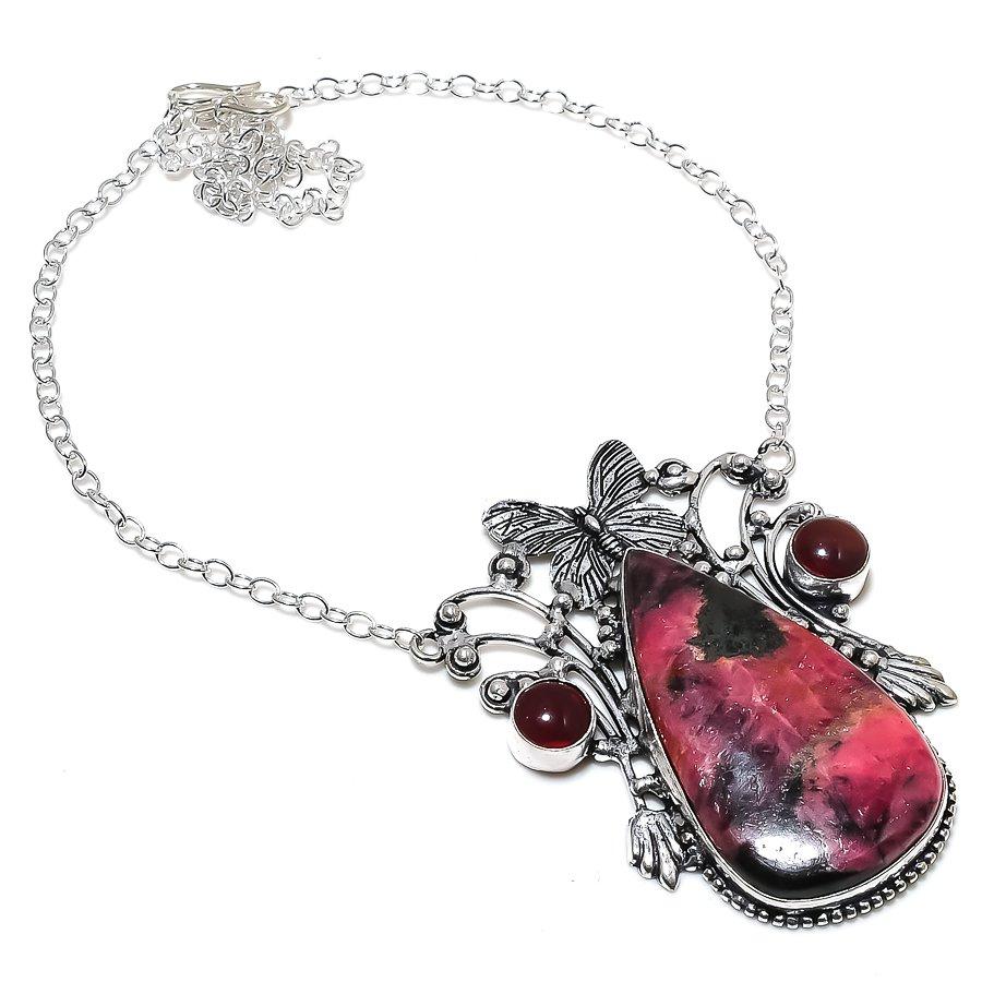 Подарочное колье из стерлингового серебра 925 пробы с натуральным родонитом и ониксом, 18 дюймов L9A41