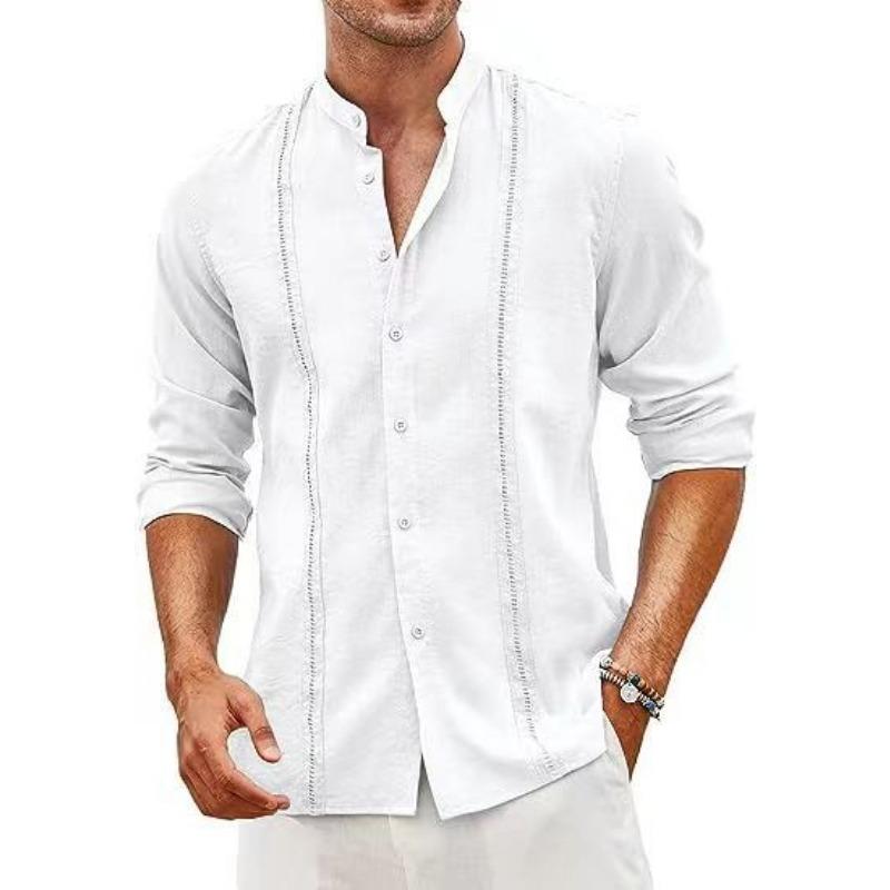 Men's Casual Button Summer Beach Vacation Cotton Linen Stand Up Collar Shirt