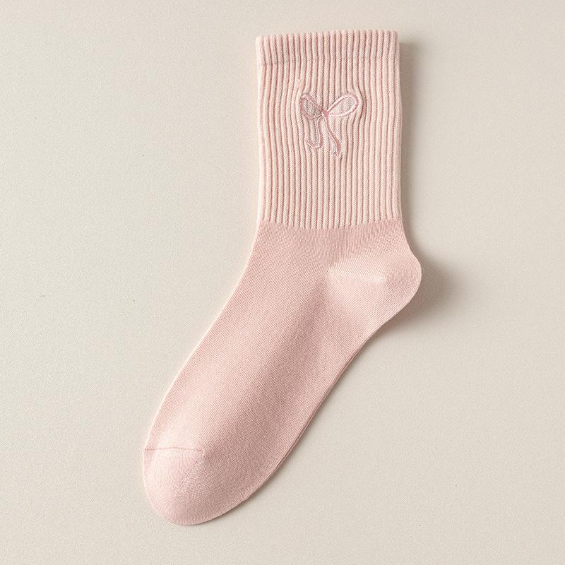 Однотонные универсальные носки до середины икры, простые длинные носки для осени и зимы, милые хлопковые носки с бантом, женские носки для весны и осени