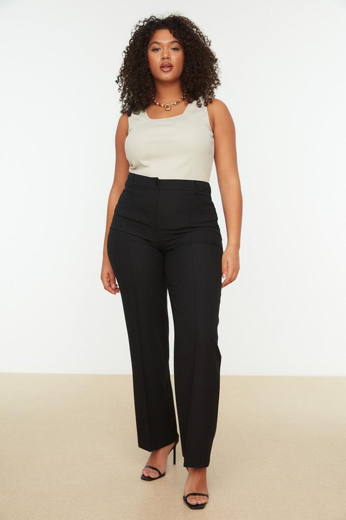 Женские стильные черные тканые брюки больших размеров с высокой талией в рубчик и расклешенными штанинами