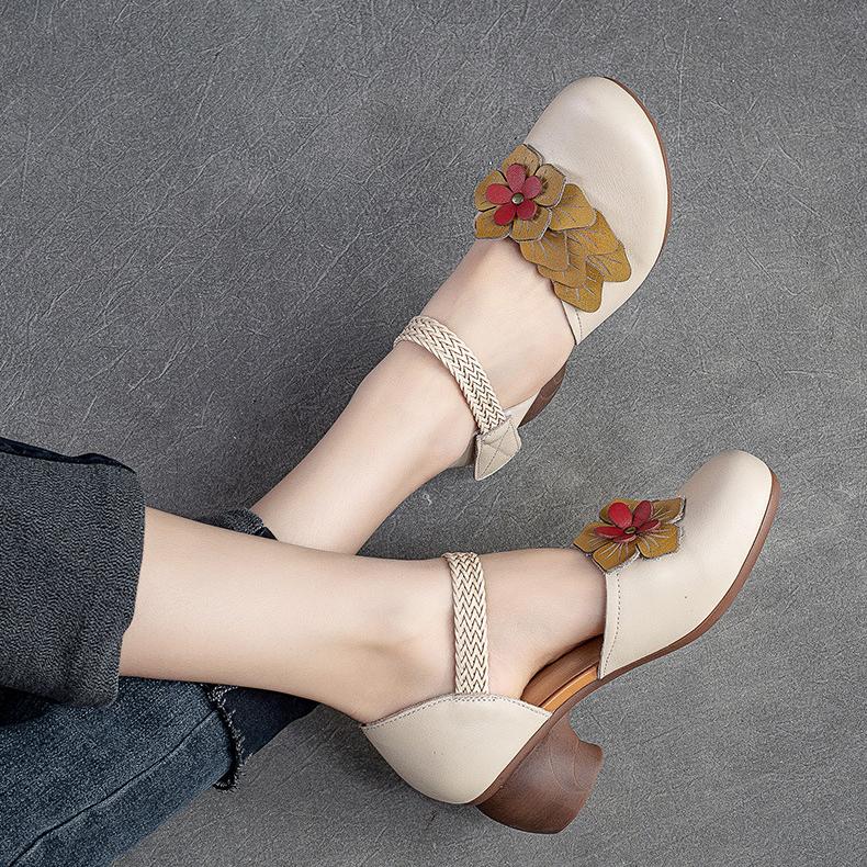 Johnature Женские сандалии в стиле ретро из натуральной кожи, универсальные сандалии ручной работы на среднем каблуке с цветочным узором и круглым носком, женская обувь