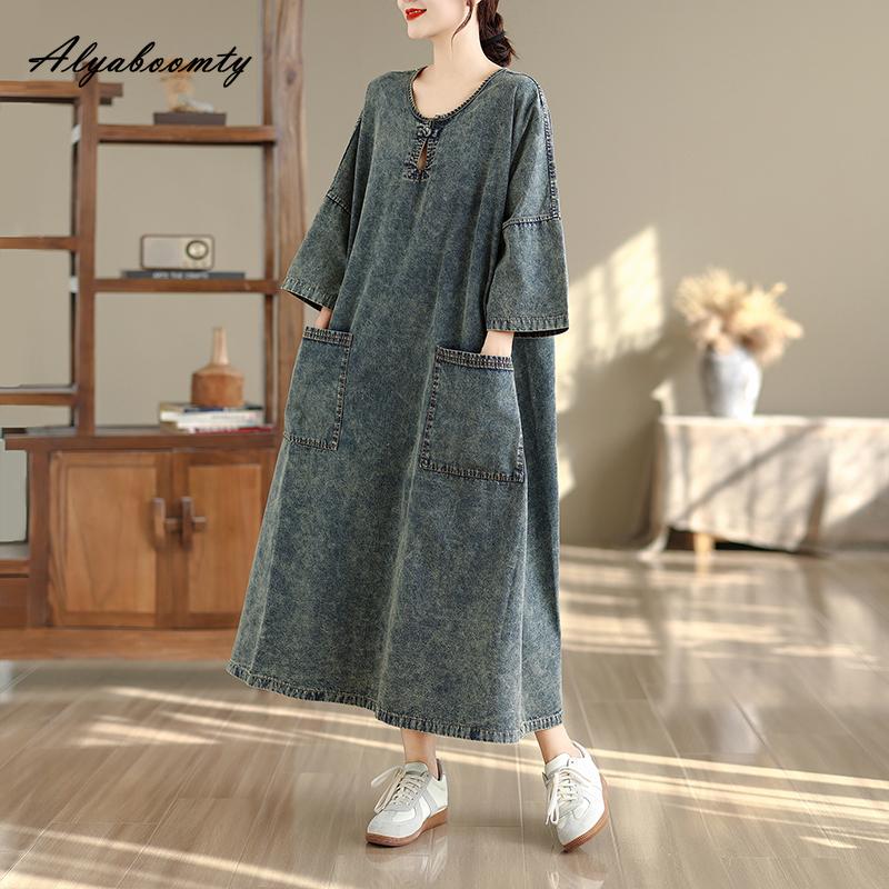 2026 Платье миди в винтажном стиле для весны и лета, женское, большого размера, повседневное, свободного кроя, оверсайз, лаконичное джинсовое платье с рукавом 3/4, платье для молодых женщин