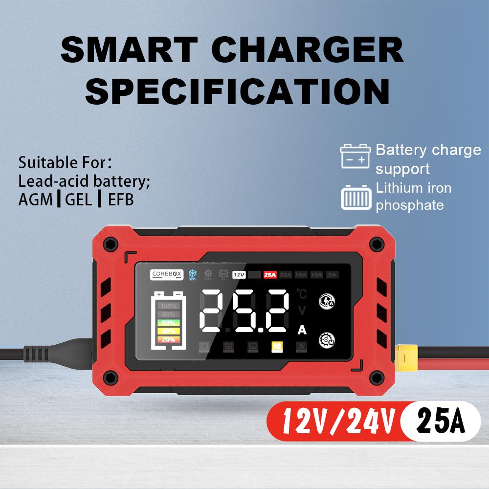 12 В-24 В 25 А / 15 А автомобильное зарядное устройство усилитель сенсорный экран импульсный ремонт быстрая зарядка для AGM GEL свинцово-кислотных LiFePO4