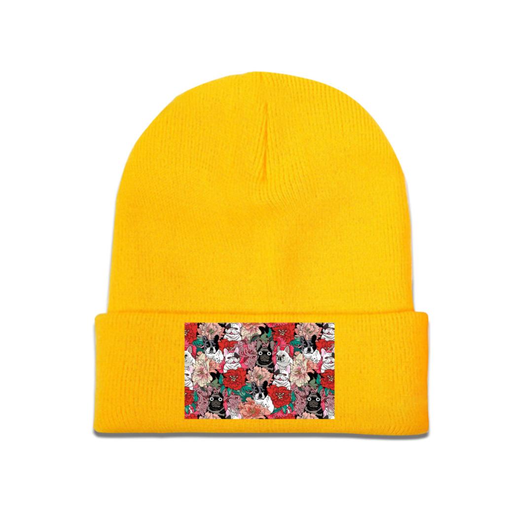 Flowers French Bulldog Knit Hat Beanie Winter Hats Warm Acrylic Street Caps Unisex Women