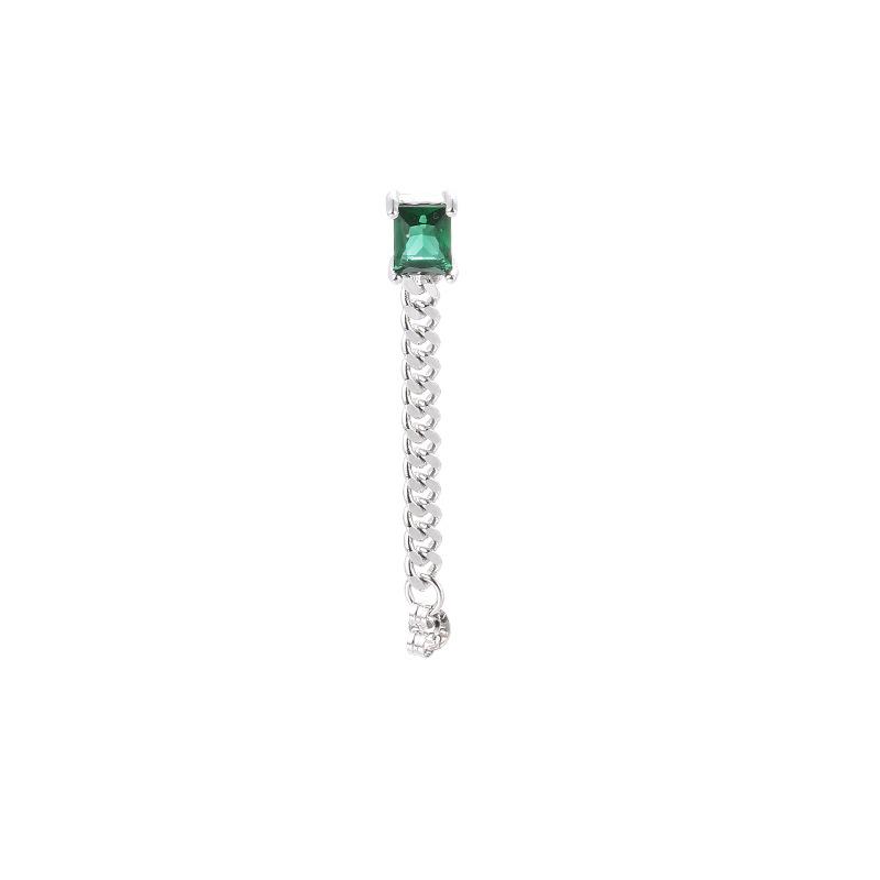 Flash Diamond Square Diamond Stud Earrings Long Fashionable Retro Thai Silver Antique Texture Atmospheric Emerald Chain Earrings Rear Hanging Type
