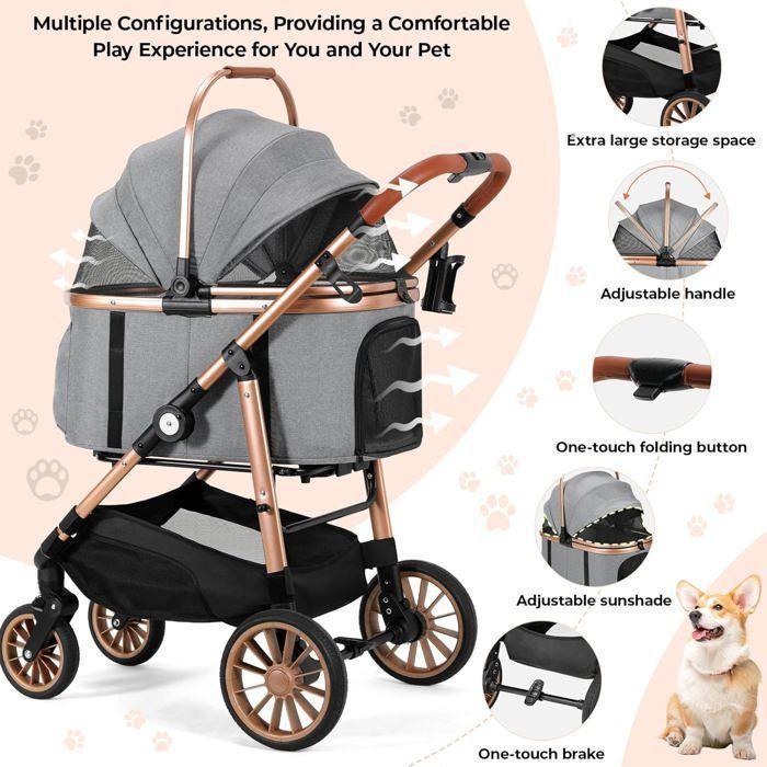 Poussette chien chat 4-en-1 pliable jusqu’à 25 kg, roues 360° amorties, transport animal, poussette tout-terrain confortable