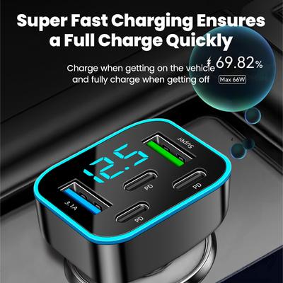 Автомобильное зарядное устройство на 5 портов Быстрая зарядка 2USB + 3 Type-C Прикуриватель автомобиля PD QC3.0 Автомобильное зарядное устройство для телефона Для iPhone Samsung Huawei Xiaomi