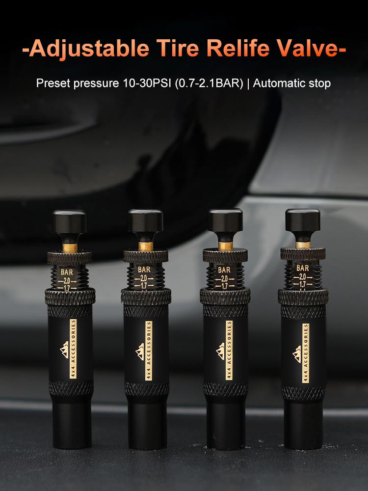 4 шт. Регулируемые самоостанавливающиеся наборы клапанов для спуска шин(10-30 фунтов на кв. дюйм)Навинчиваемый инструмент для спуска воздуха в шинах для автомобилей, мотоциклов, внедорожников 4x4