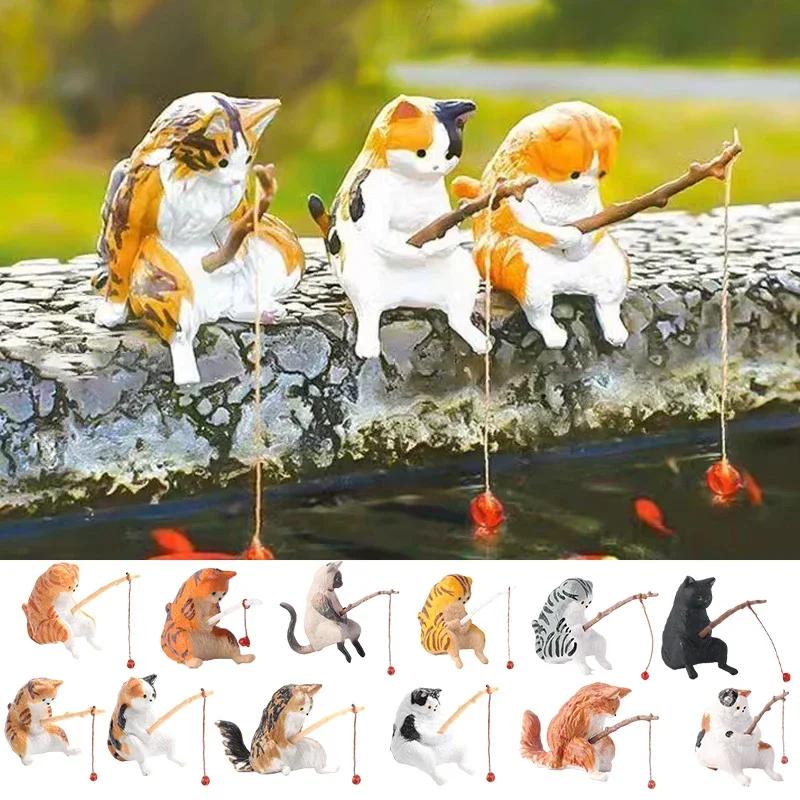 1/5/10 шт. Декоративная мебель для аквариума, фигурка кошки-рыболова, скульптура кошки, сидящей на рыбалке, маленькая милая кошка из смолы