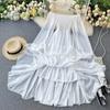 Spring Autumn Women Elegant Holiday Dresses Puff Sleeve Slash Neck Off Shoulder Smocked White Chiffon Dresses