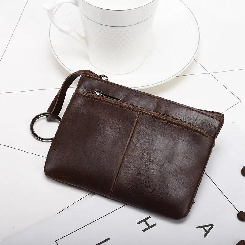 Genuine Leather Coin Purses for Men and Women Vintage Keychain Wallet with Card Holder Solid Color Small Zipper Clutch Purse