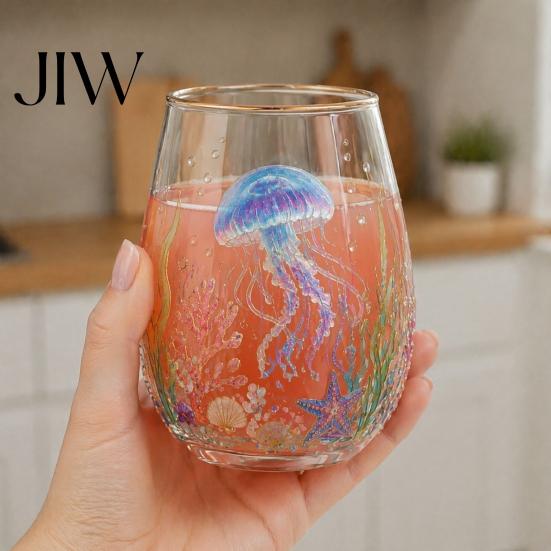 Unique Aesthetic Water Juice Whiskey Tumbler Ocean-Themed Glass Cup, Jellyfish/Dolphins/Sea Turtles/Octopus Hand-Painted, Thickened Drinking Versatile