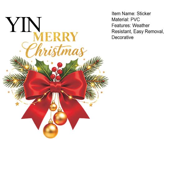 Large Christmas English Lettering Red Bow Window Sticker, Gold Letter Merry Glass Decal, Xmas Decor Waterproof Windows Clings for Home School