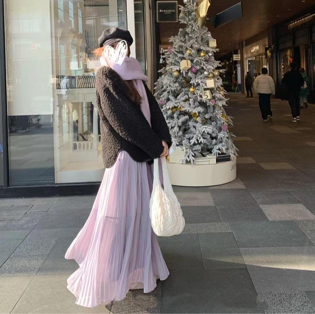 Длинная плиссированная юбка фиолетового цвета с высокой талией 2025 года — нежный, универсальный стиль феи для ранней весны