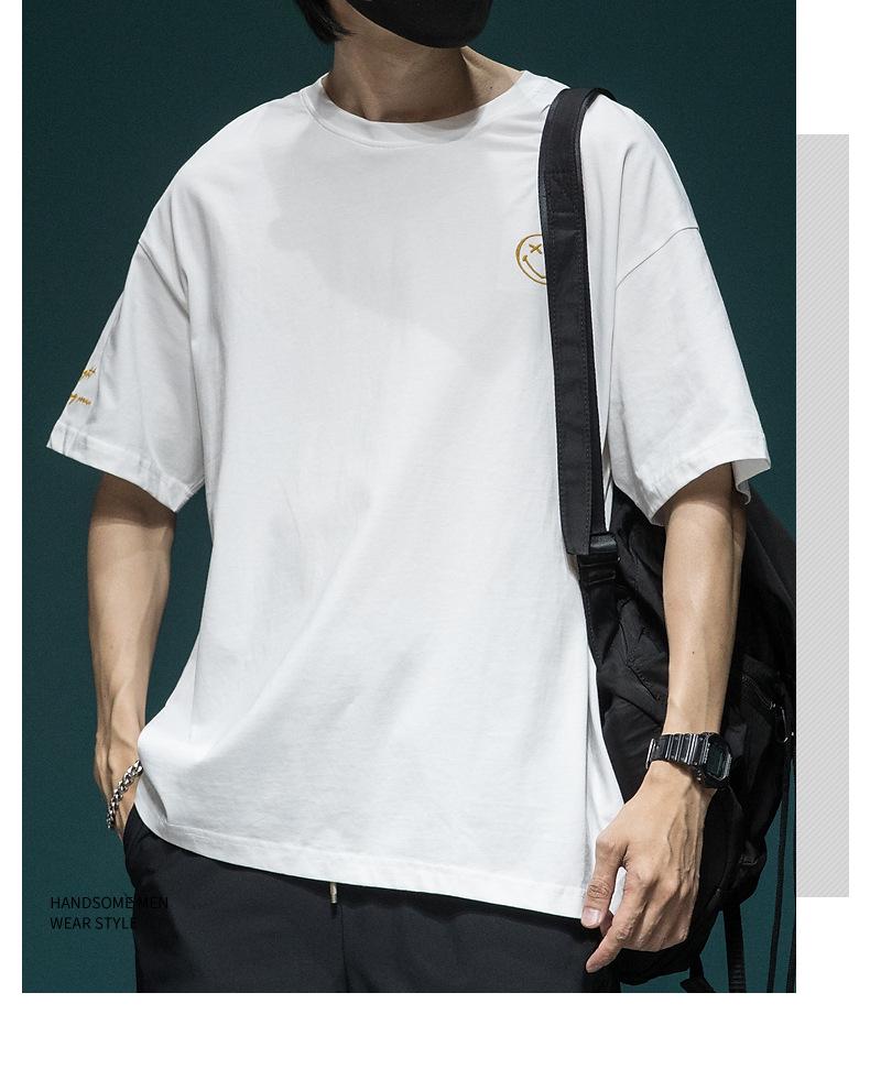 Мужская летняя футболка больших размеров 2024 с вышивкой в виде смайлика, с коротким рукавом, повседневная, из хлопка