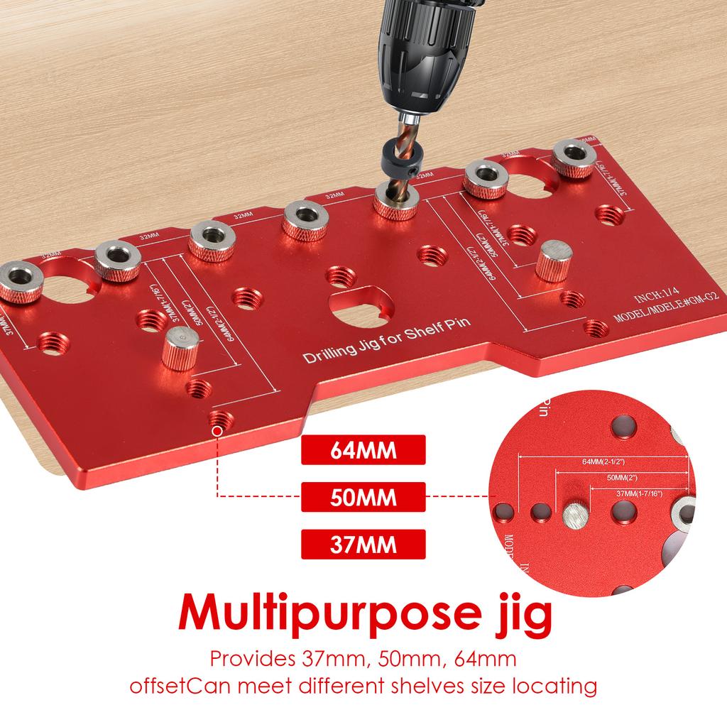 Shelf Pin Jig 1/4in Aluminum Alloy Shelf Pin Drilling Guide Precise Cabinet Mounting Template Jig 32mm Spacing Woodworking Tool