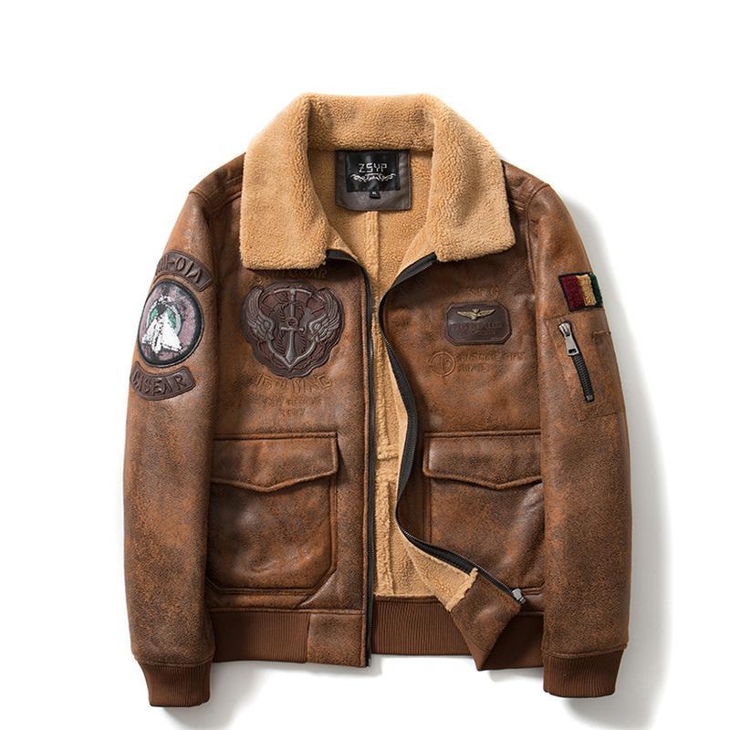 Мужской летный костюм ВВС, мотоциклетное кожаное пальто, цельное кожаное пальто из кожи и меха с вышитыми рукавами и этикеткой
