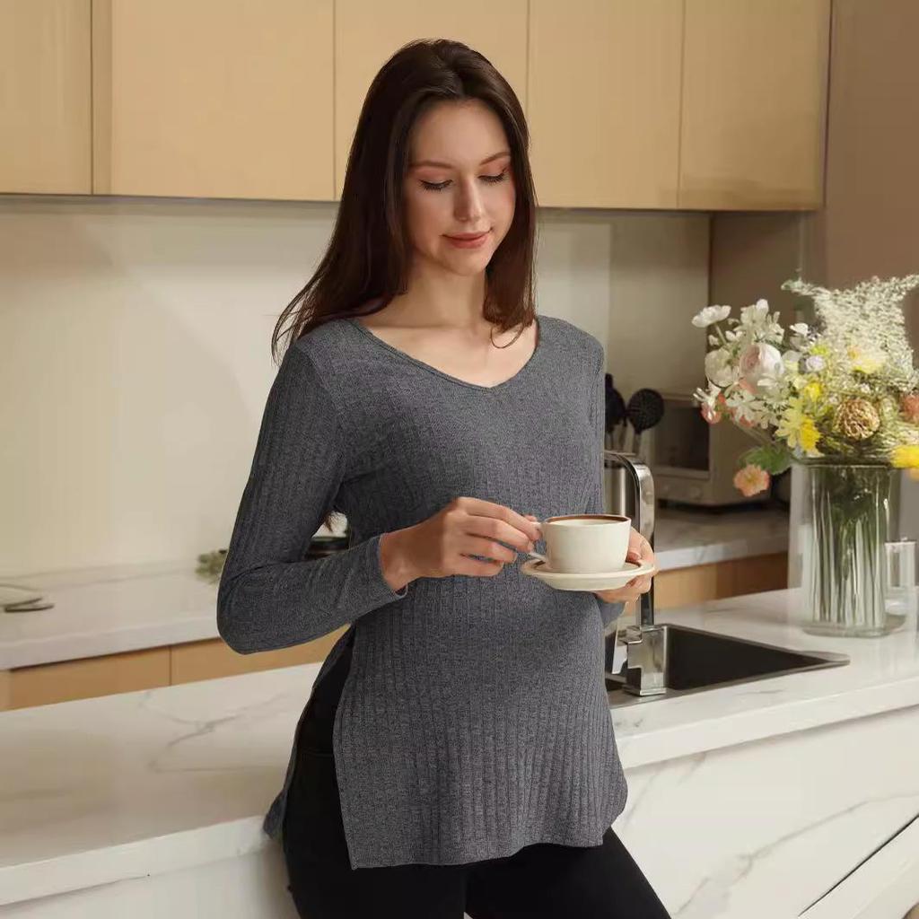 Новый бархатный топ с V-образным вырезом для беременных с разрезами - Однотонный, с длинным рукавом.